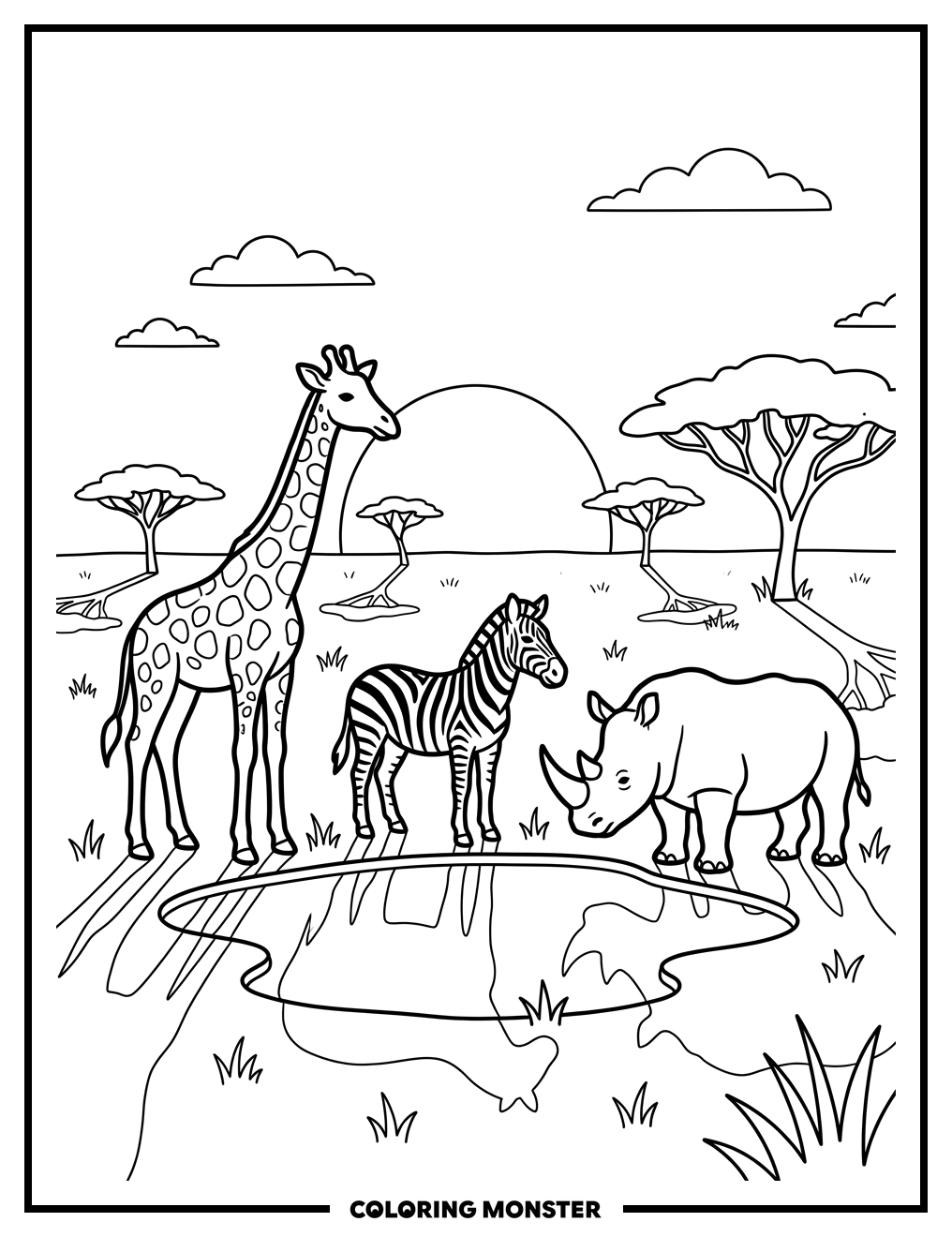 African Animals at Watering Hole Coloring Page