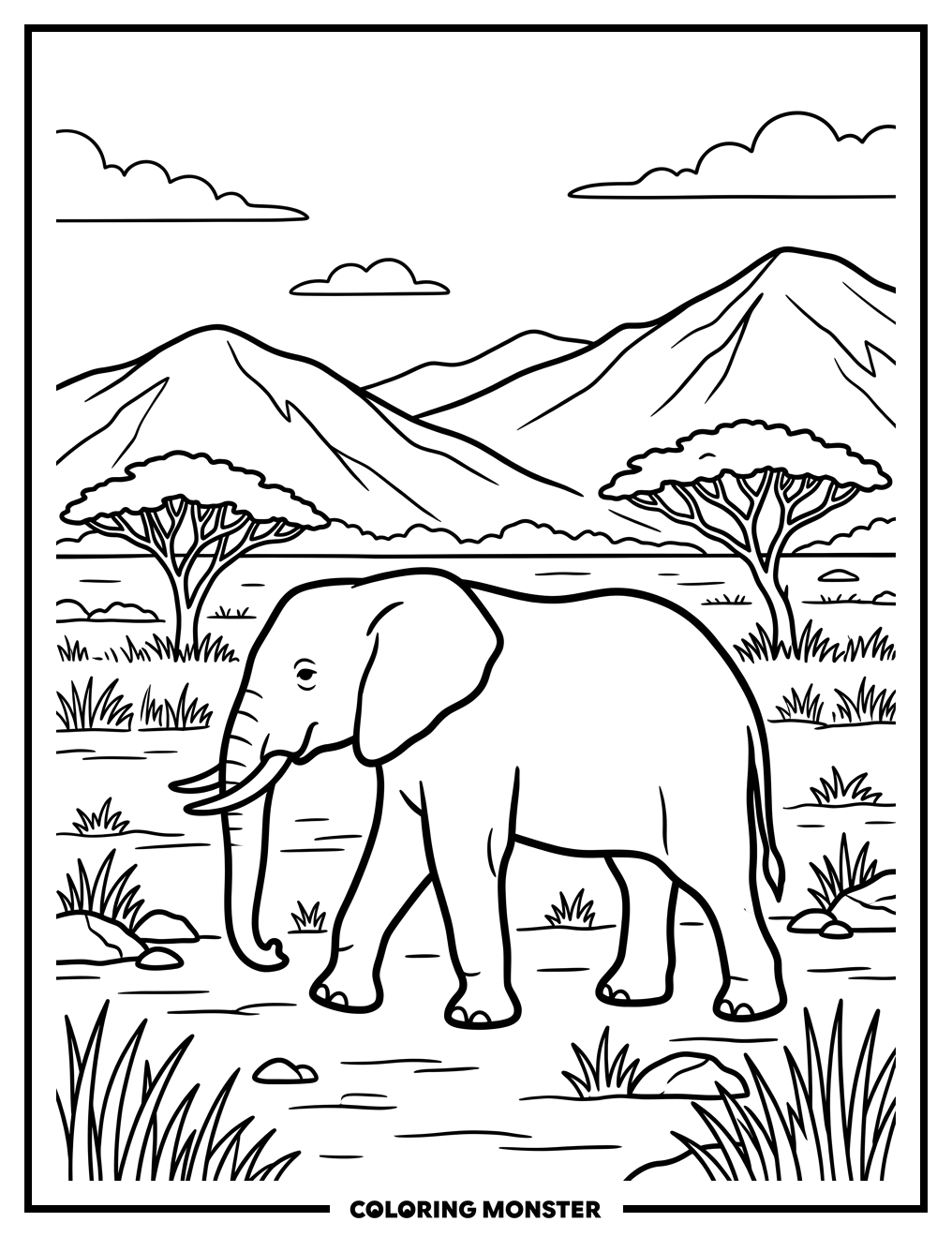 African Elephant on the Savanna Coloring Page