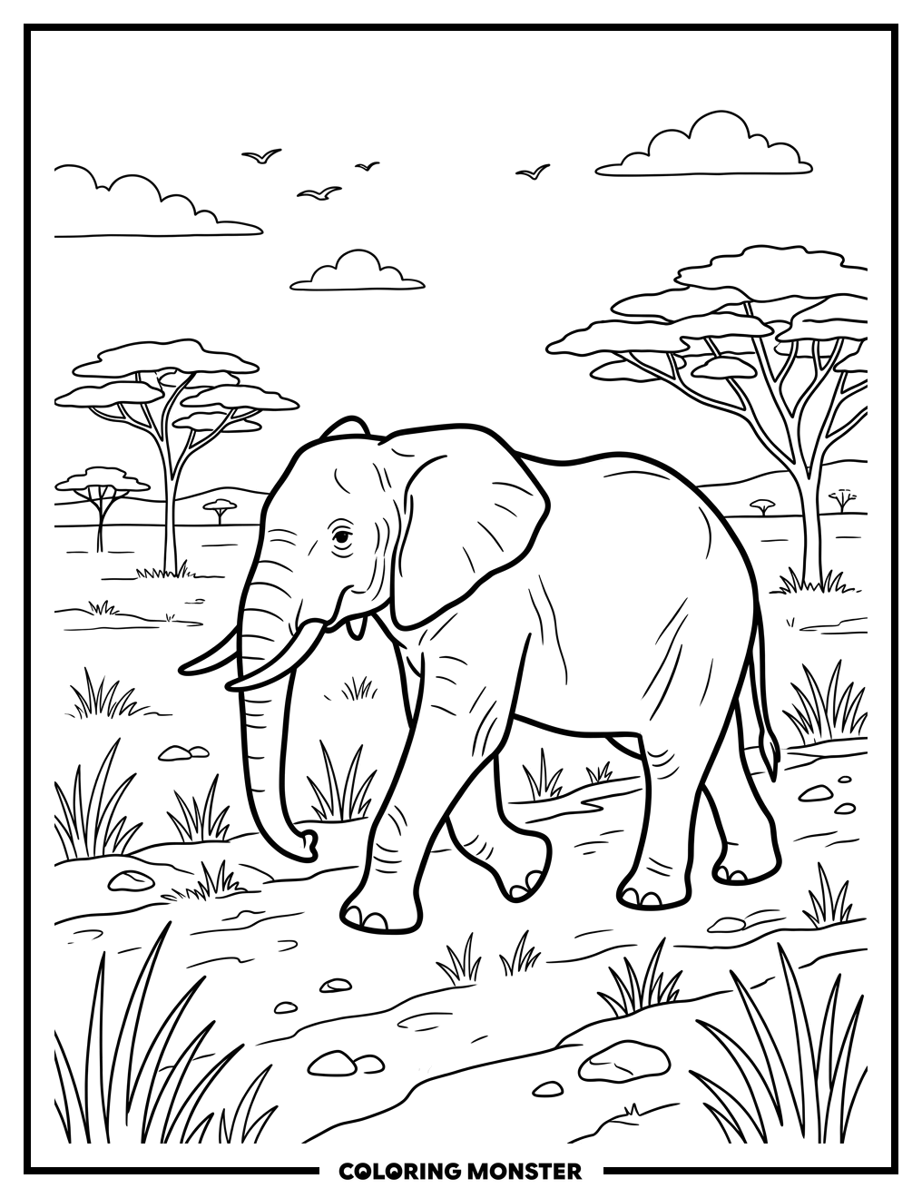African Elephant on the Savanna Coloring Page