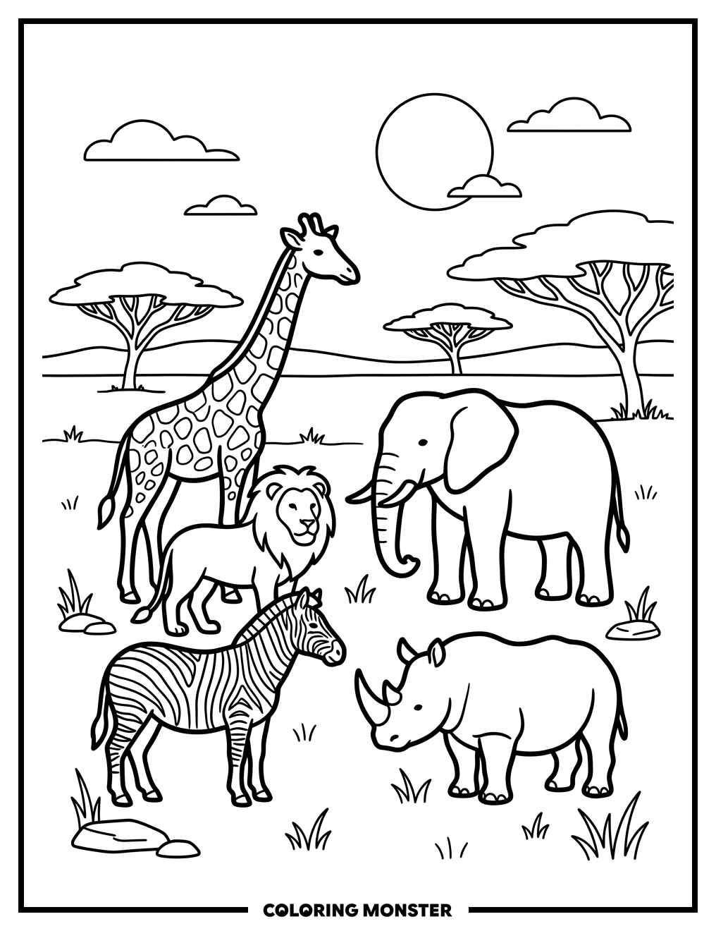 African Savanna Wildlife Gathering Coloring Page