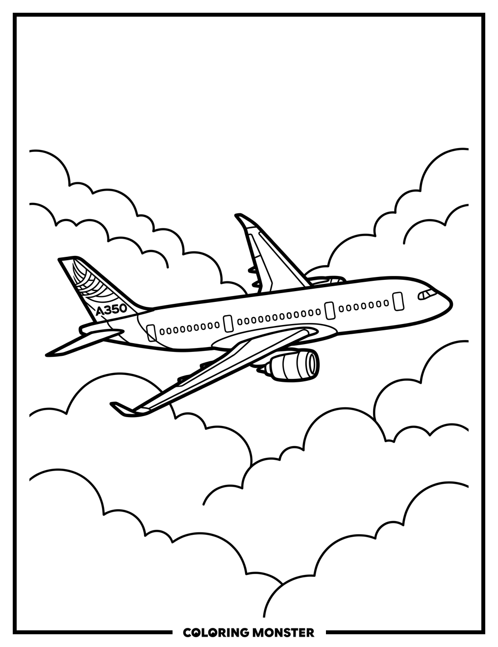 Airbus A350 Soaring Through Clouds Coloring Page