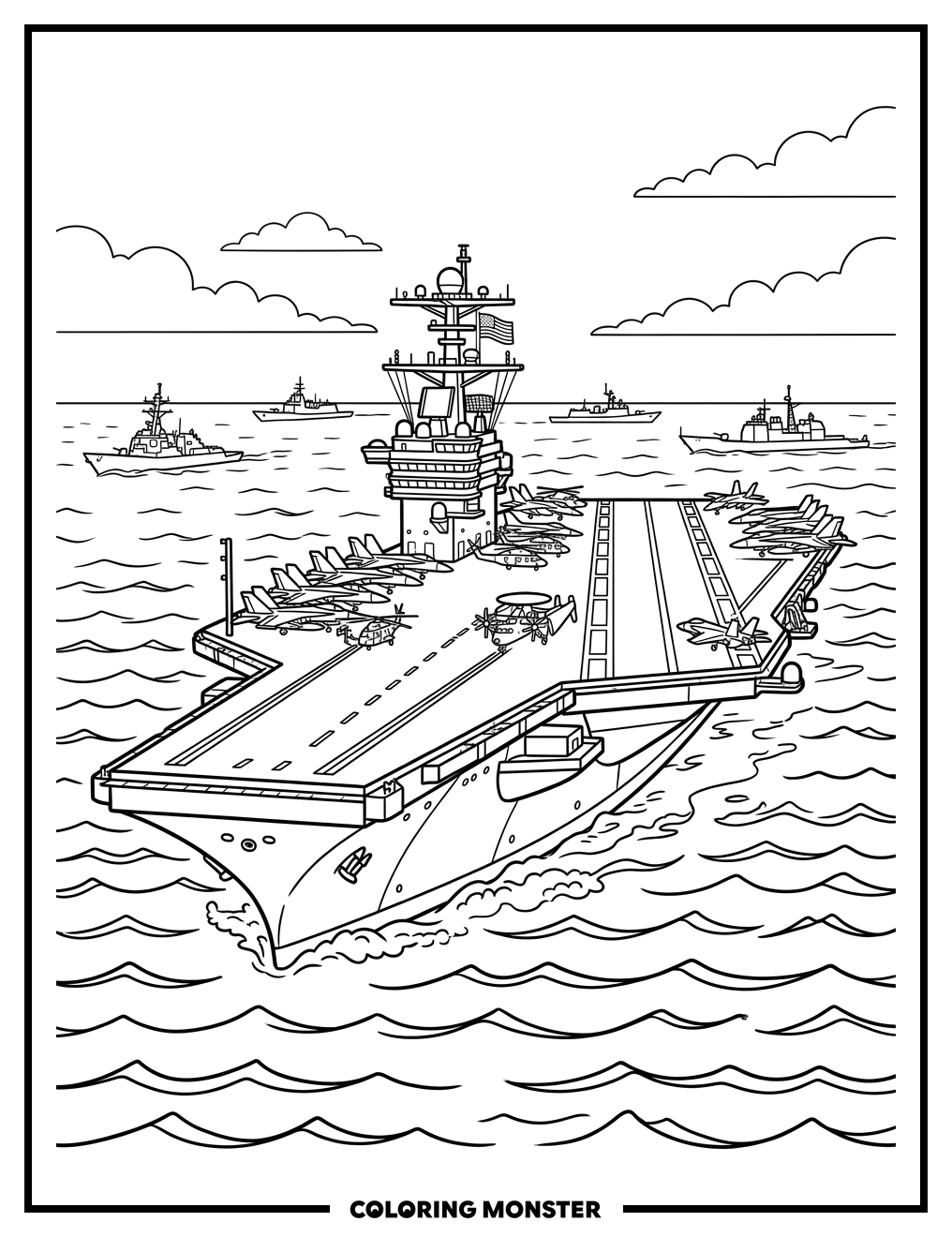 Aircraft Carrier on the Ocean Coloring Page