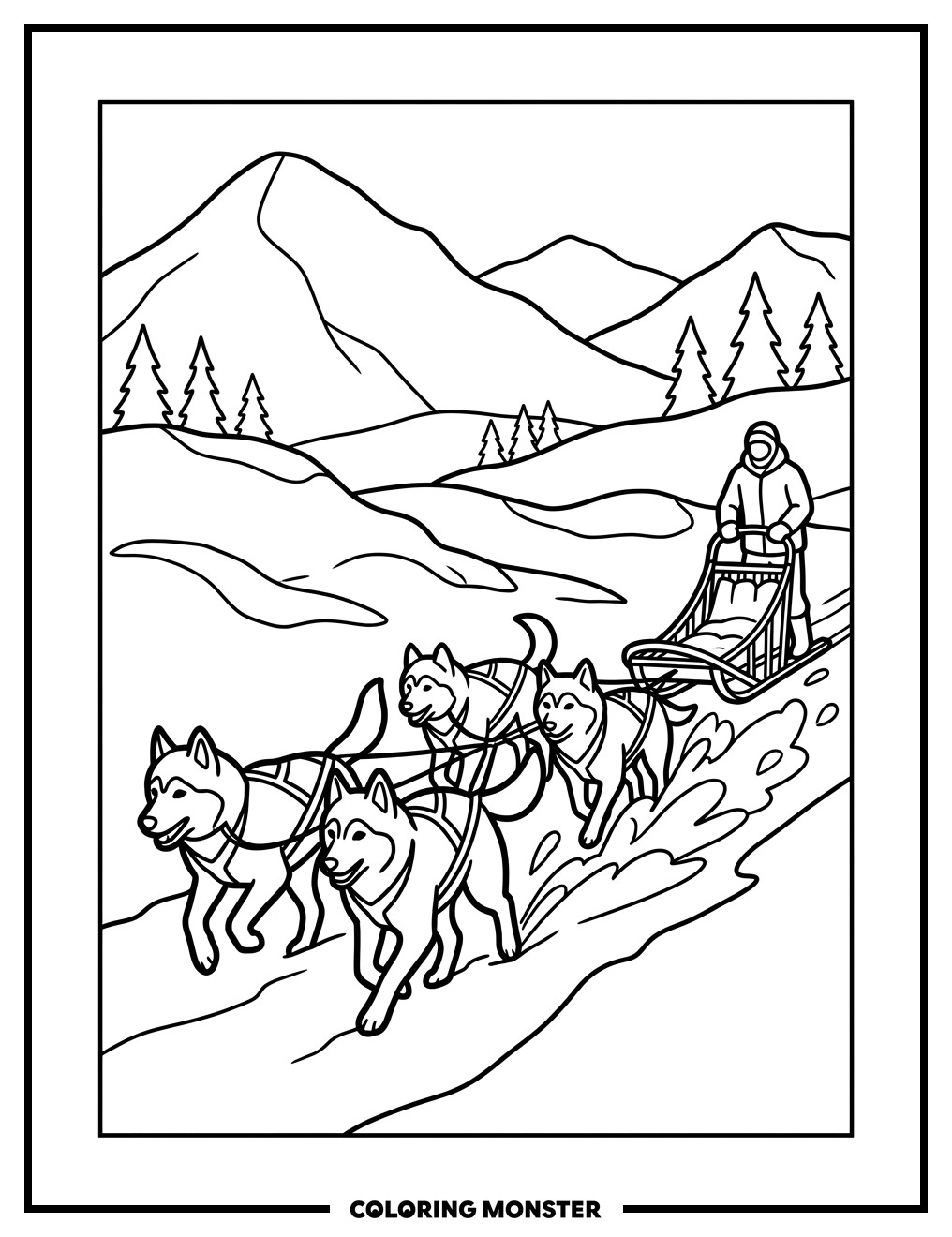 Alaskan Huskies Pull Sled Through Snow Coloring Page