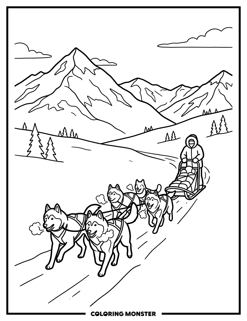 Alaskan Huskies Sledding Through Snow Coloring Page