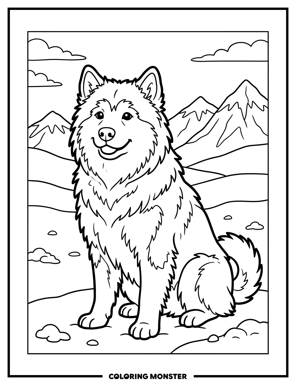 Alaskan Malamute in Snowy Mountains Coloring Page