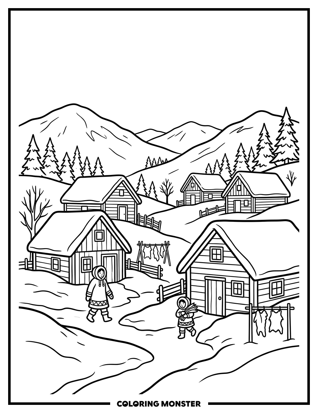 Alaskan Village in Snow Coloring Page