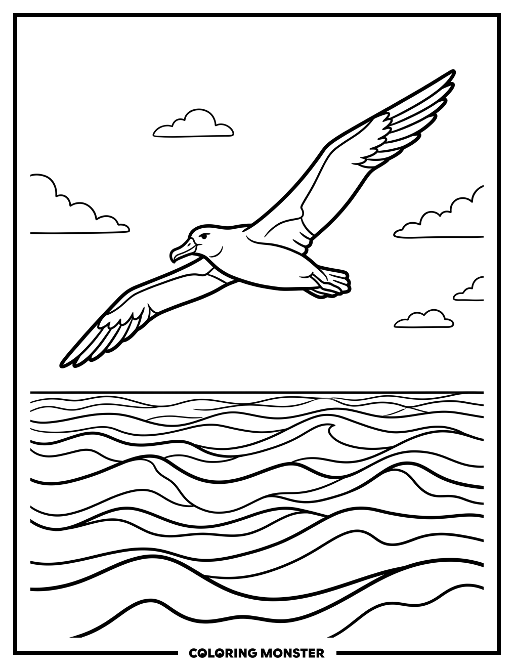 Albatross Soaring Over Ocean Waves Coloring Page
