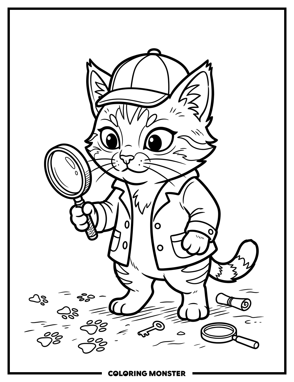 Alert Cat Detective With Magnifying Glass Coloring Page