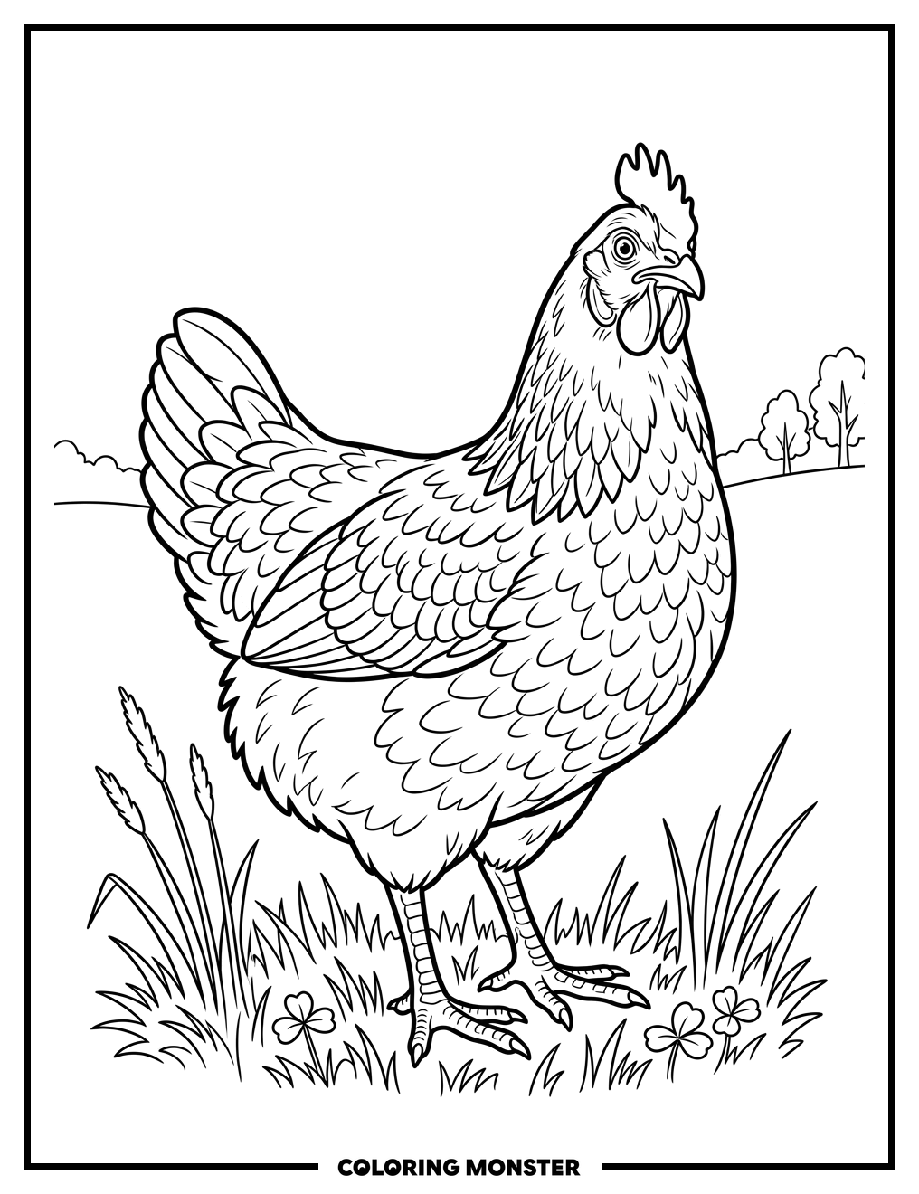 Alert Chicken in Grassy Field Coloring Page