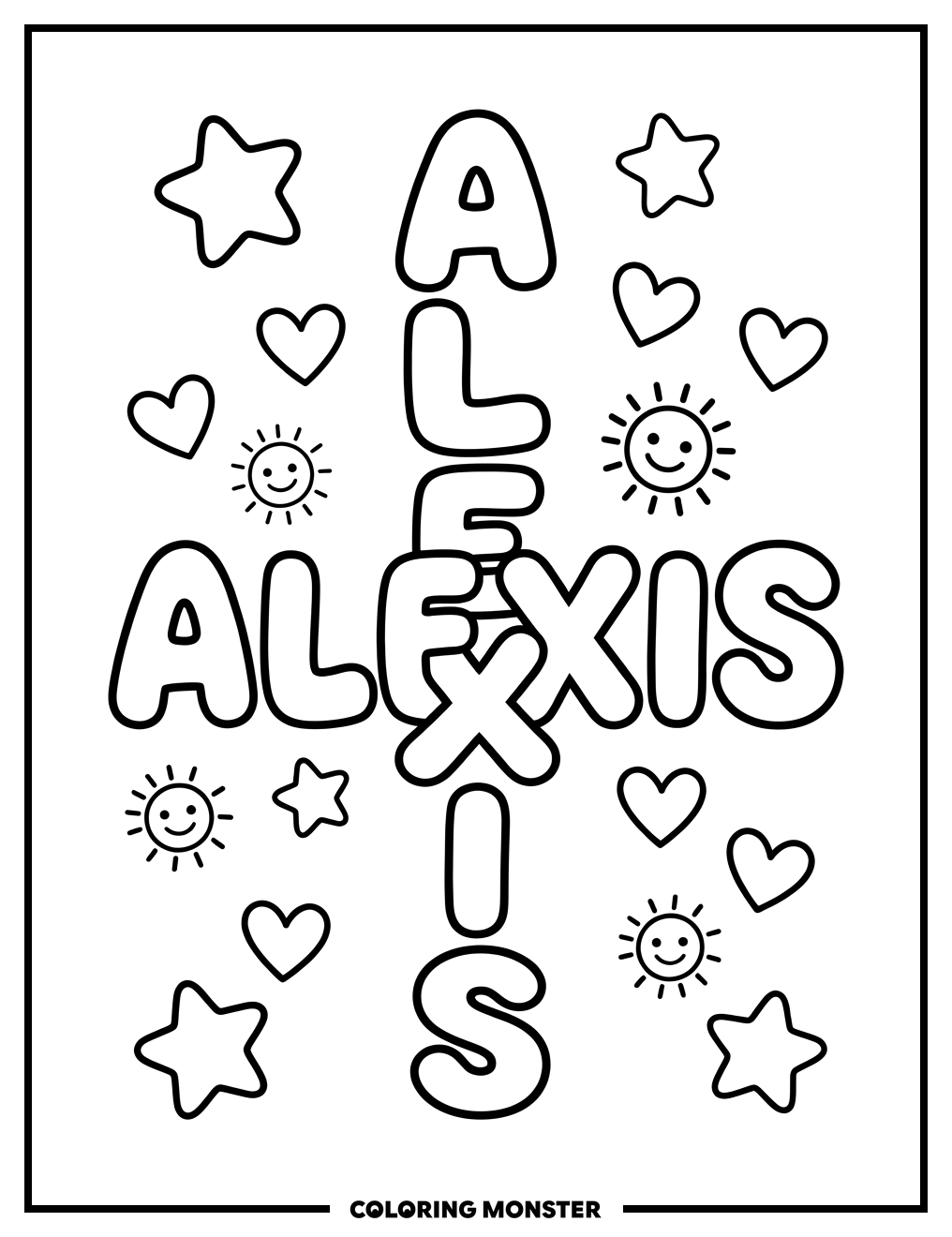 Alexis Name with Hearts and Stars Coloring Page
