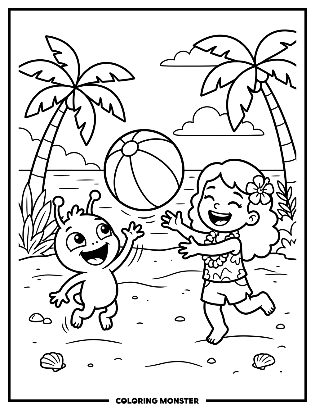 Alien and Girl Play on Beach Coloring Page