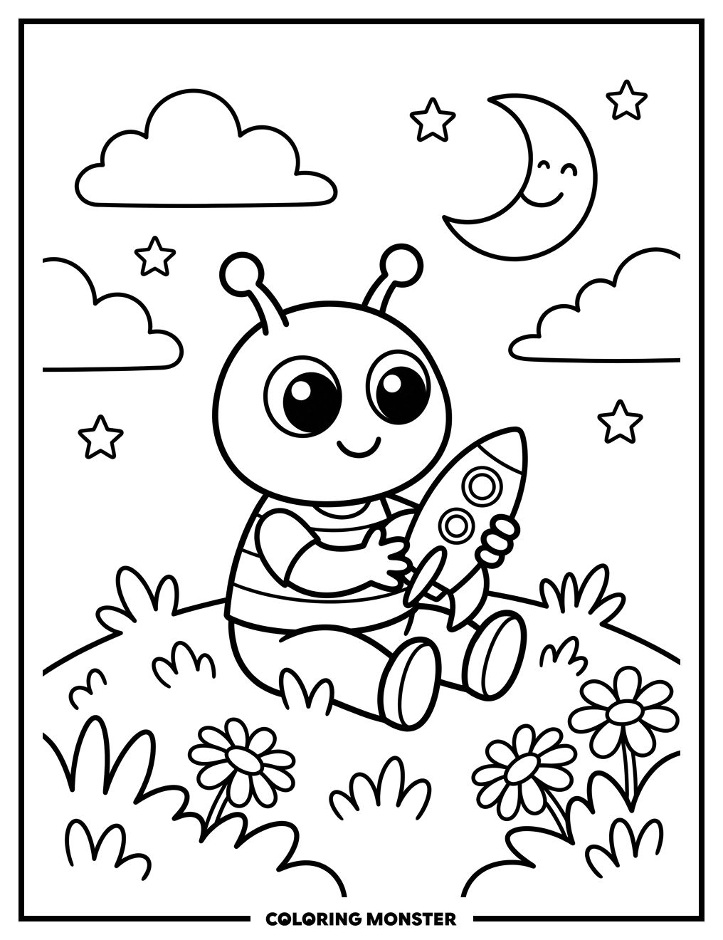 Alien Child Playing With Toy Rocket Coloring Page