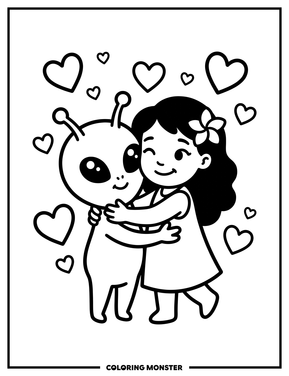 Alien Hugs Hawaiian Girl Coloring Page