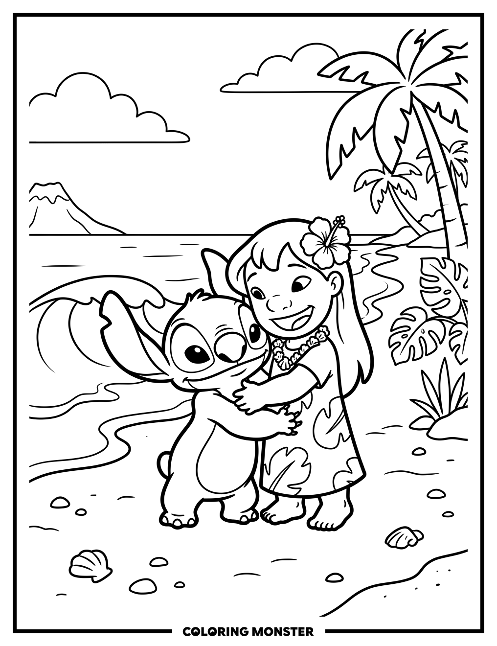 Alien Hugs Young Girl on Beach Coloring Page