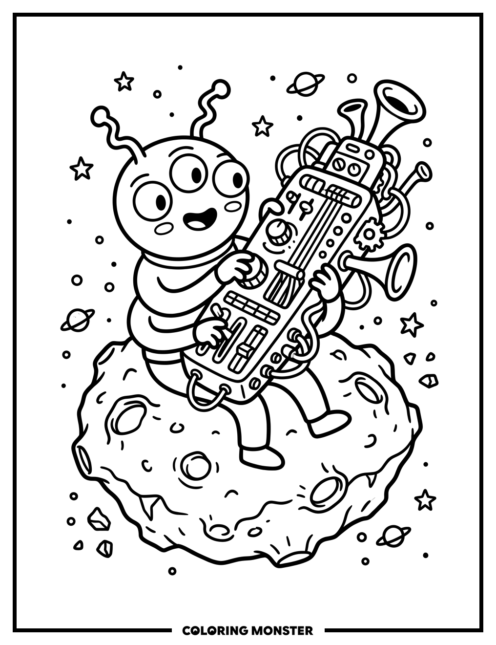 Alien Musician on Floating Asteroid Coloring Page