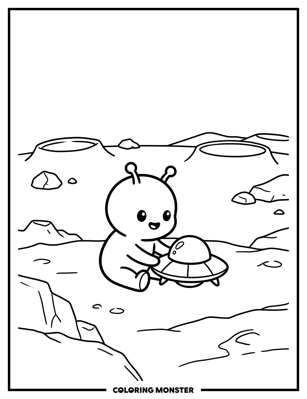 Alien Pushing Flying Saucer Coloring Page