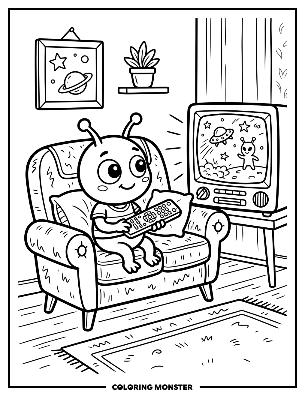 Alien Watching Retro TV Coloring Page