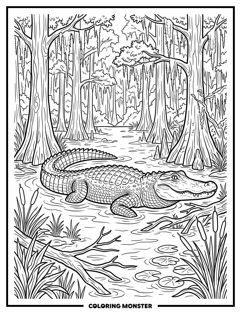 Alligator in a Murky Swamp Coloring Page