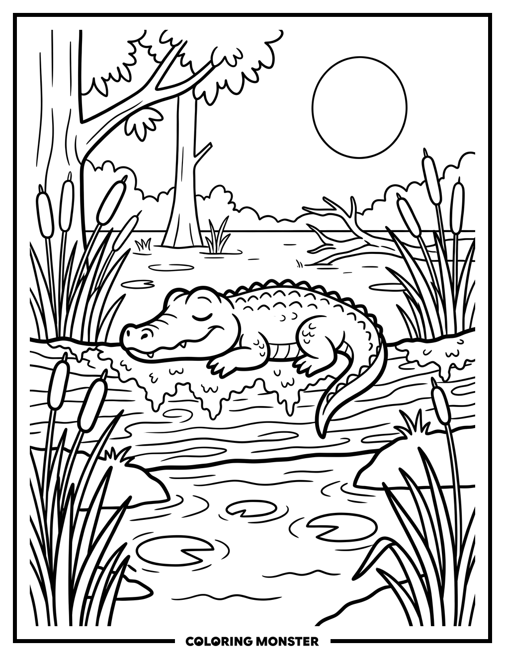 Alligator on a Log Coloring Page