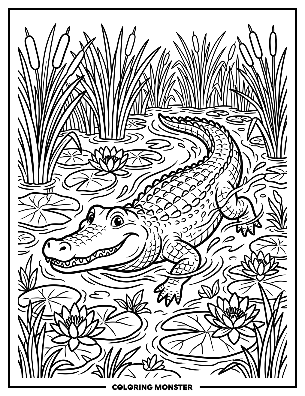 Alligator Swimming Through Murky Swamp Coloring Page