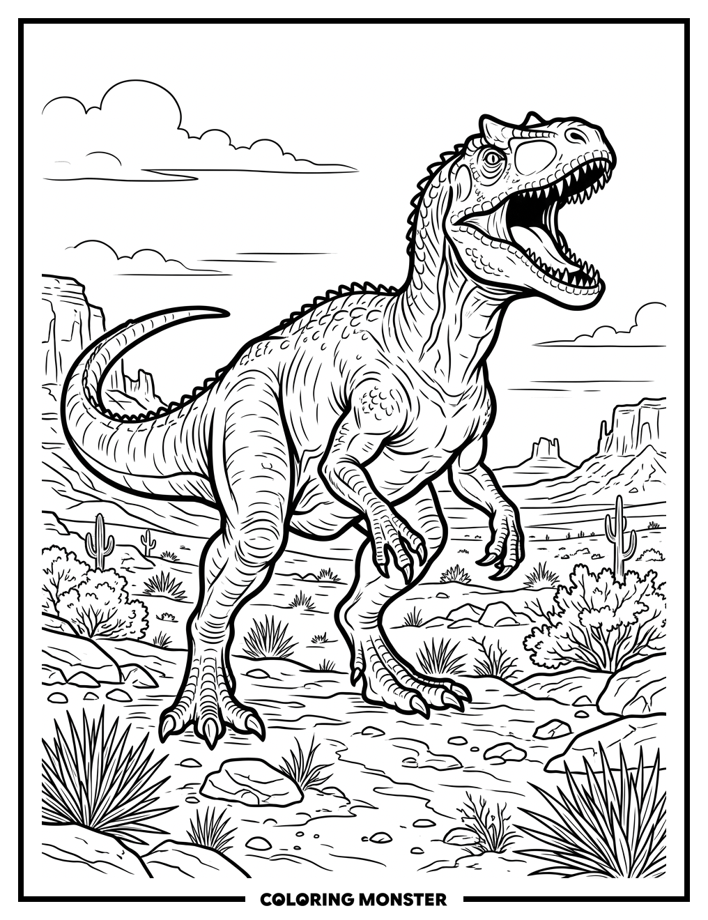 Allosaurus Roaring on Dusty Plain Coloring Page