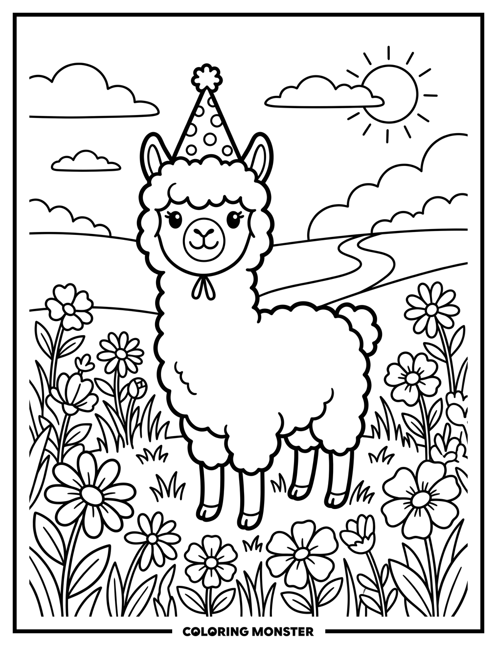 Alpaca in Flower Field Coloring Page