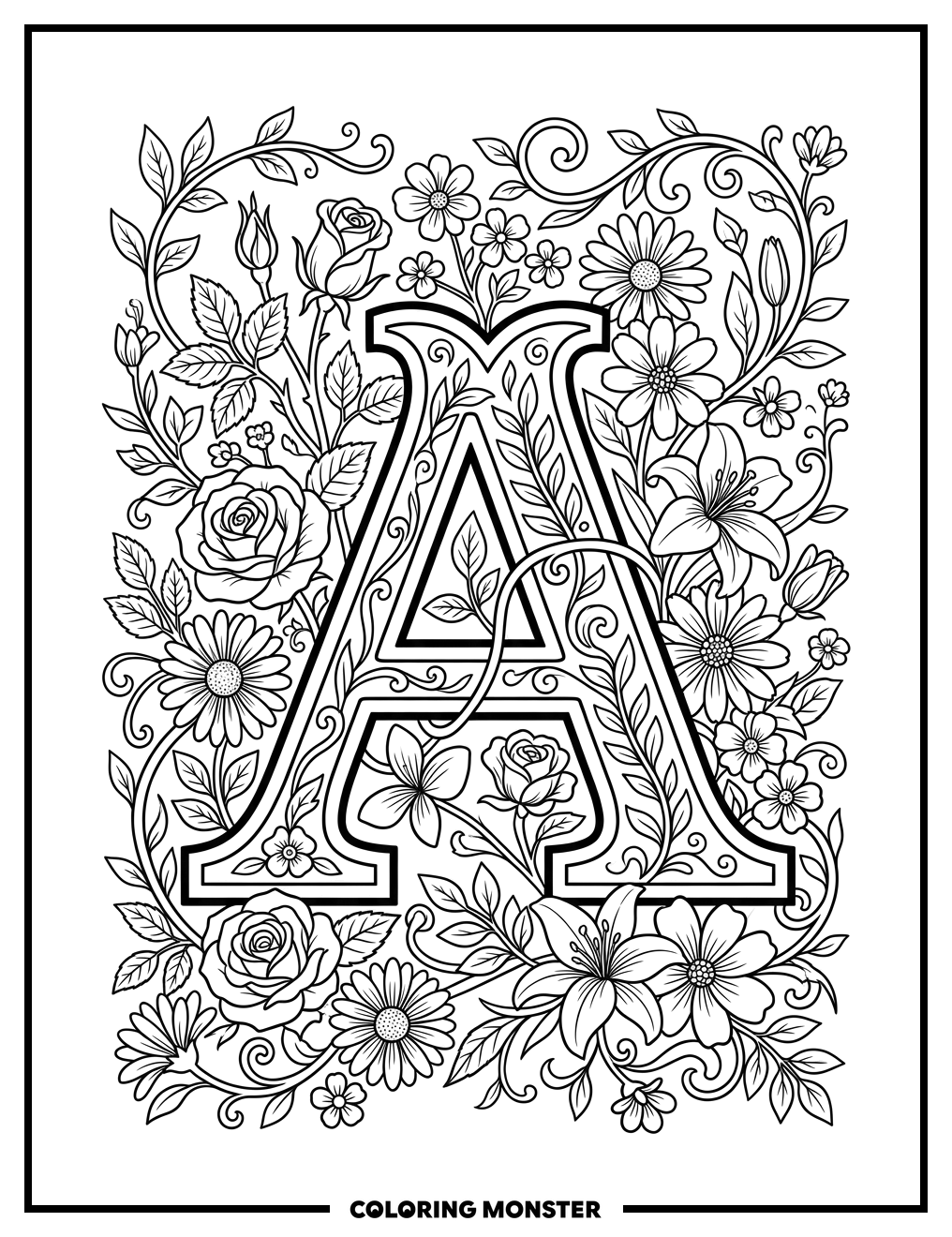 Alphabet A With Flowers and Vines Coloring Page