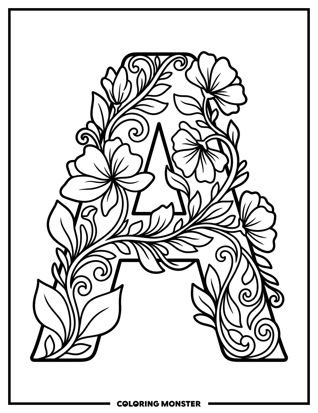 Alphabet A with Flowers and Vines Coloring Page