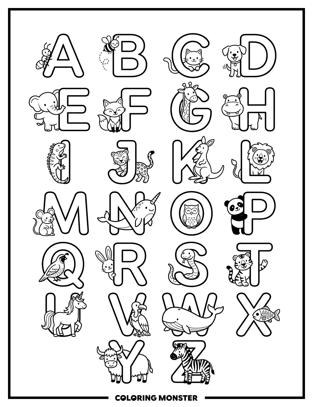 Alphabet Animals for Kids Coloring Page