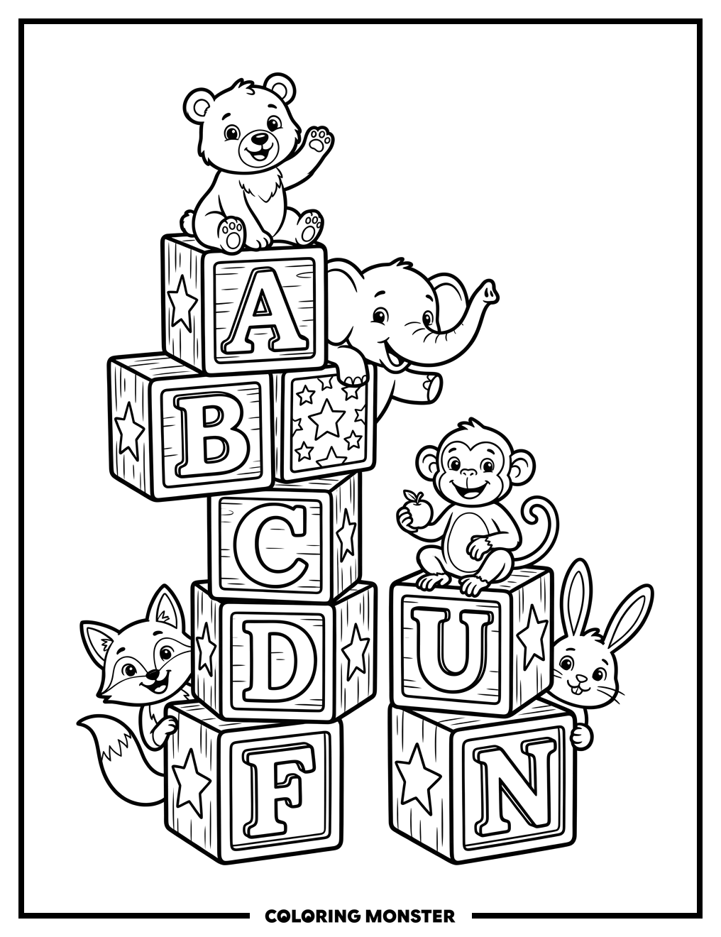 Alphabet Blocks With Animals Coloring Page