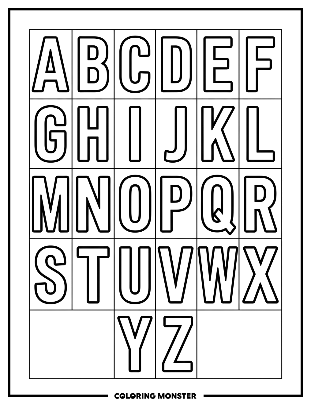 Alphabet Grid A to Z Coloring Page