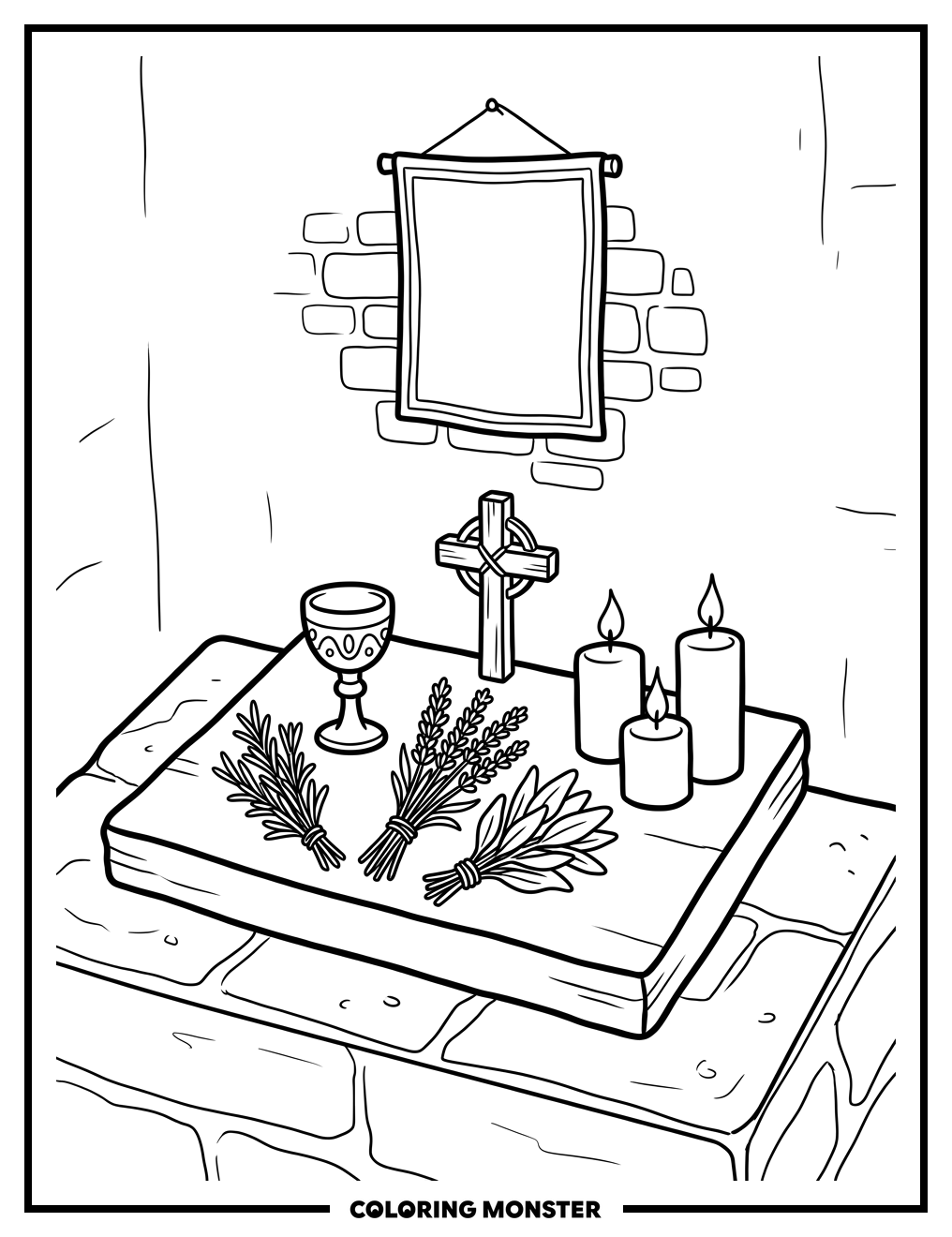 Altar with Candles and Herbs Coloring Page