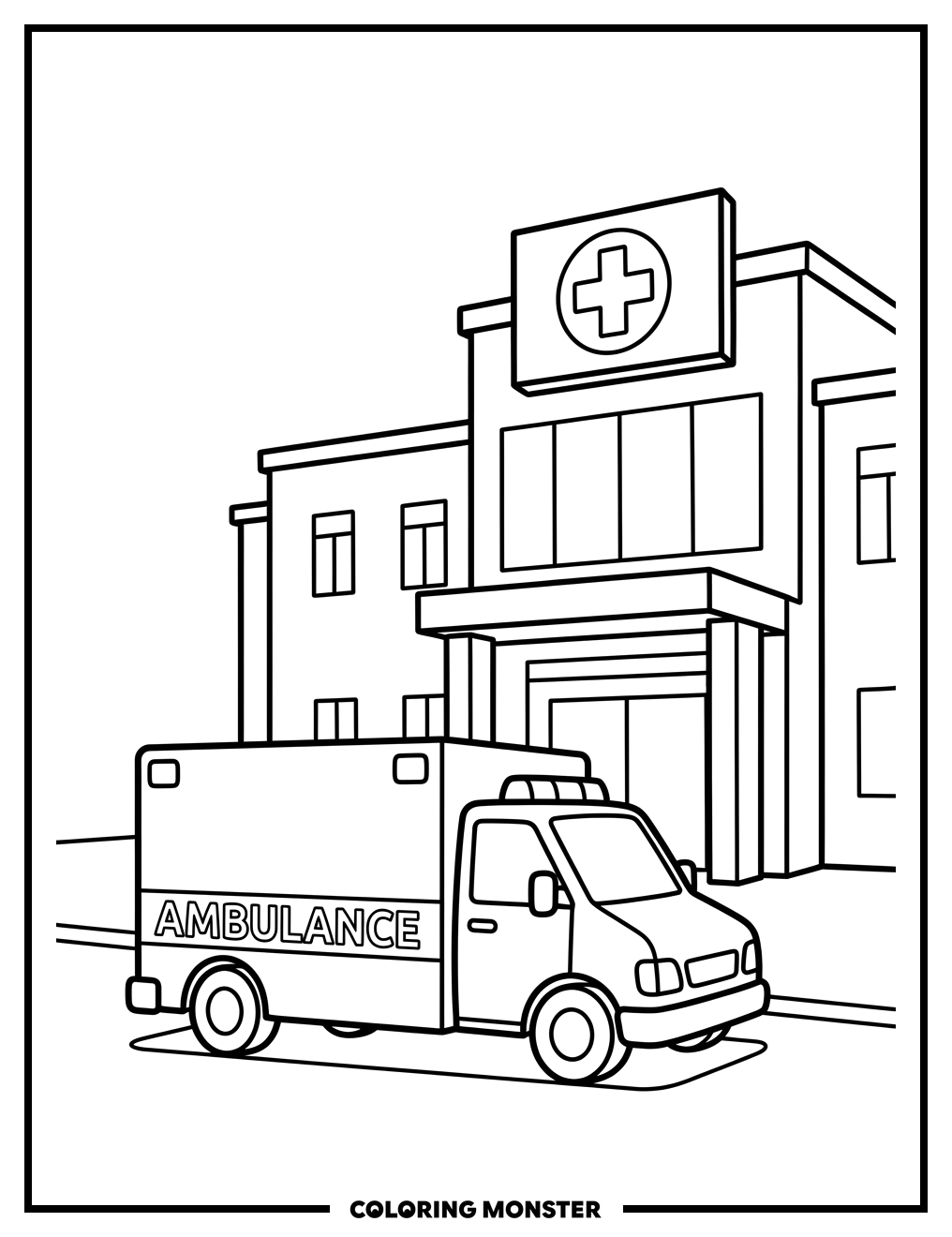 Ambulance Outside Hospital Coloring Page