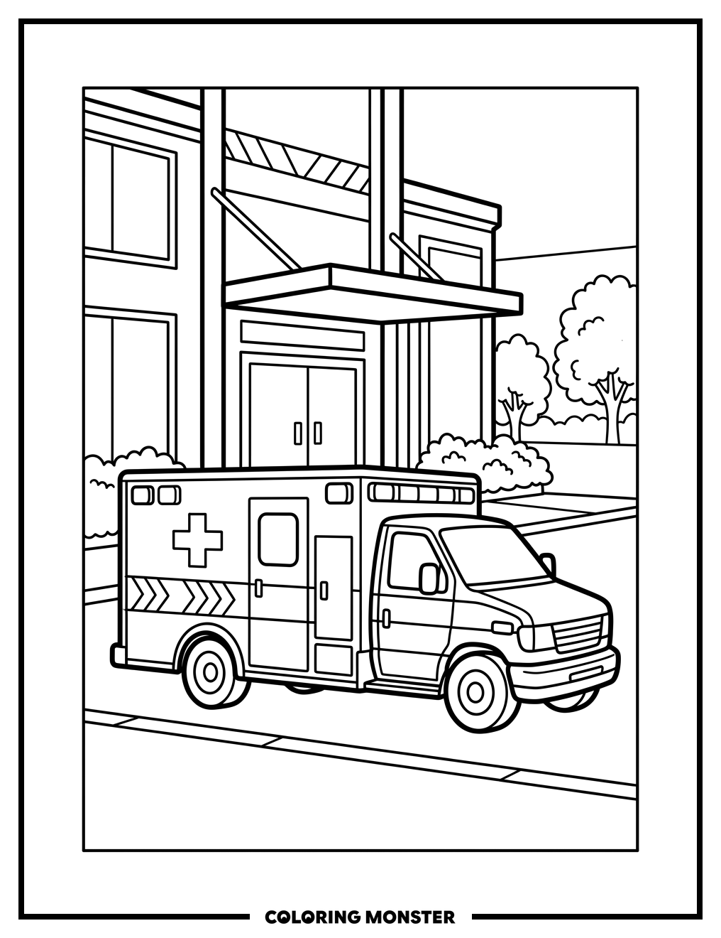 Ambulance Outside Hospital Coloring Page