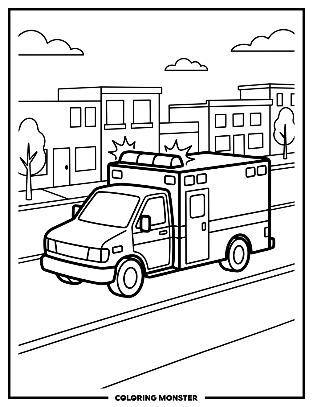 Ambulance Racing Down the Street Coloring Page