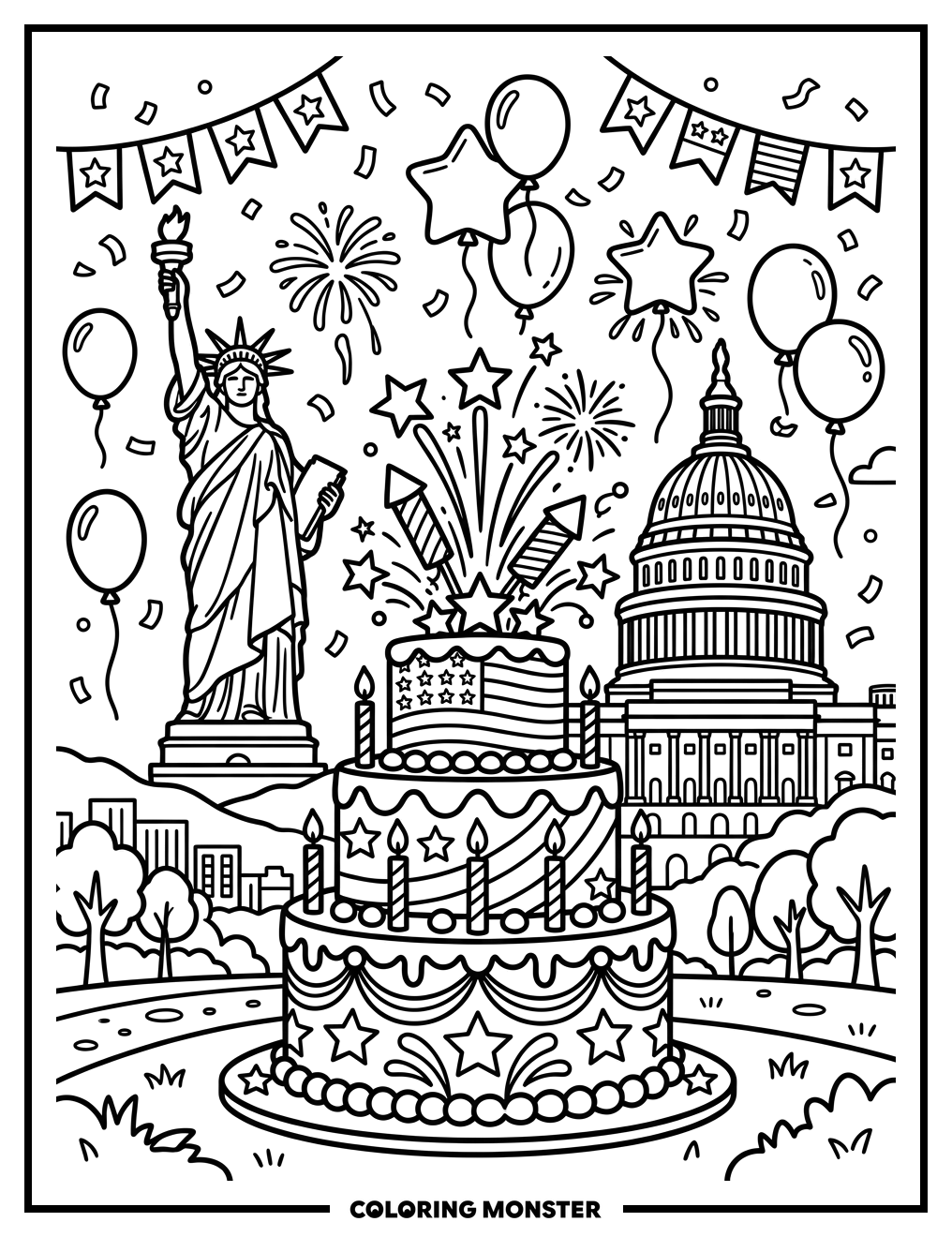 America's Birthday Cake Celebration Coloring Page