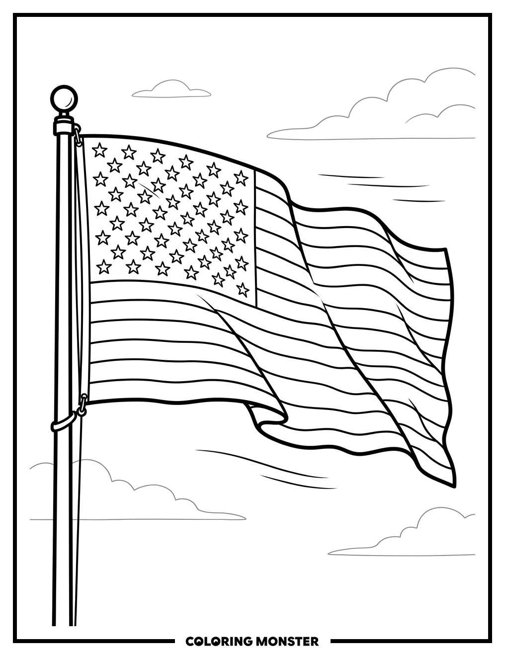 American Flag Waving in Breeze Coloring Page