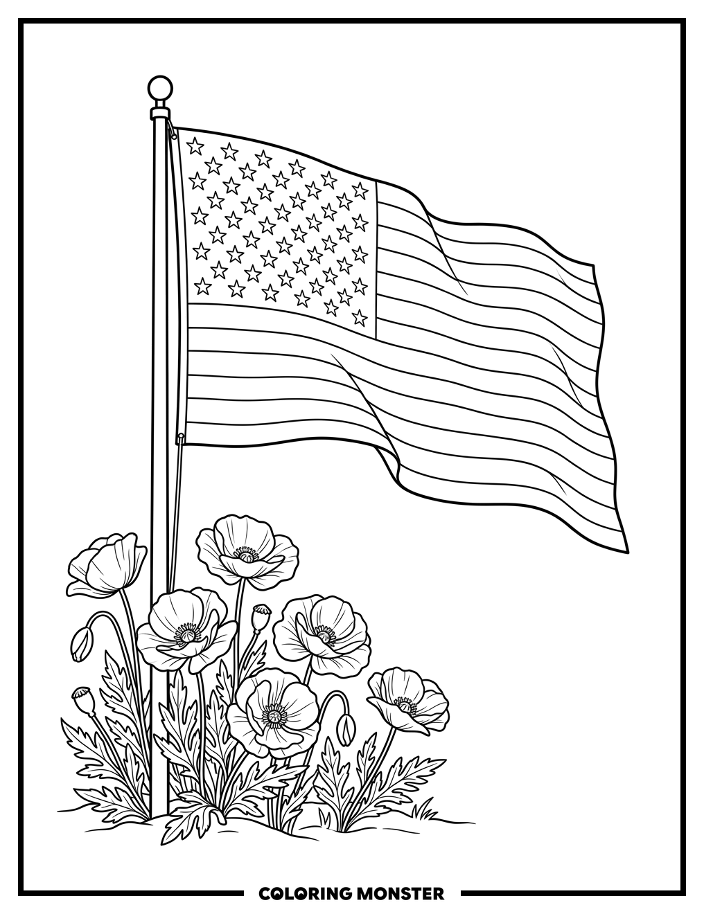 American Flag With Poppies Coloring Page