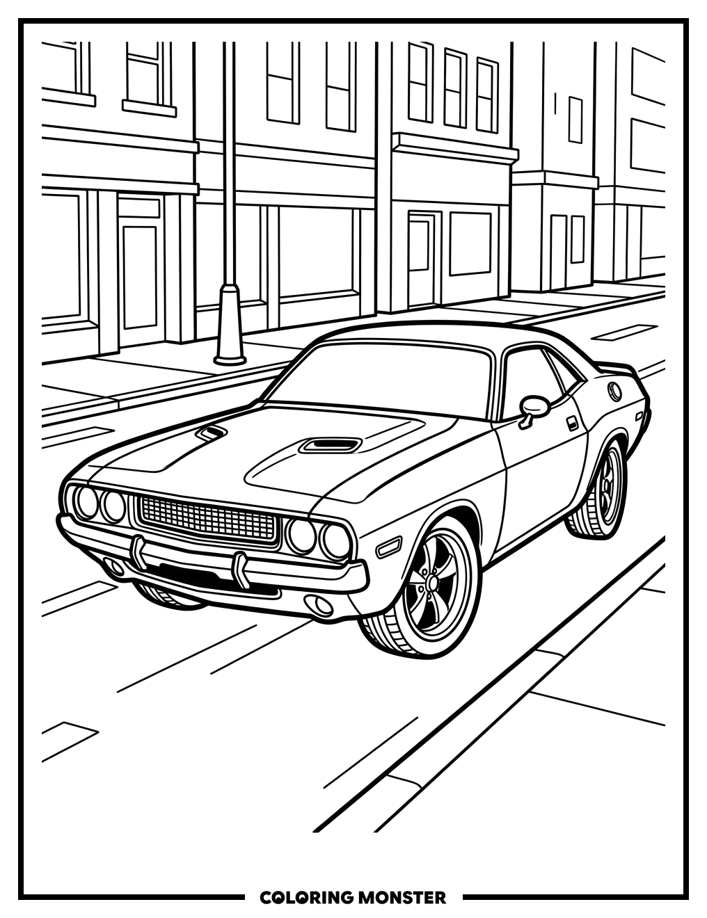 American Muscle Car on City Street Coloring Page
