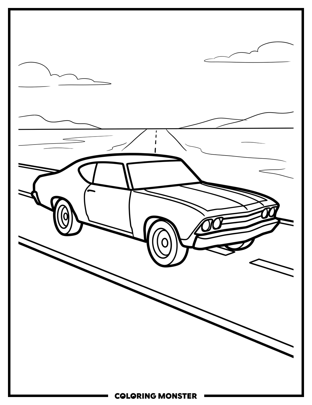 American Muscle Car on Open Road Coloring Page