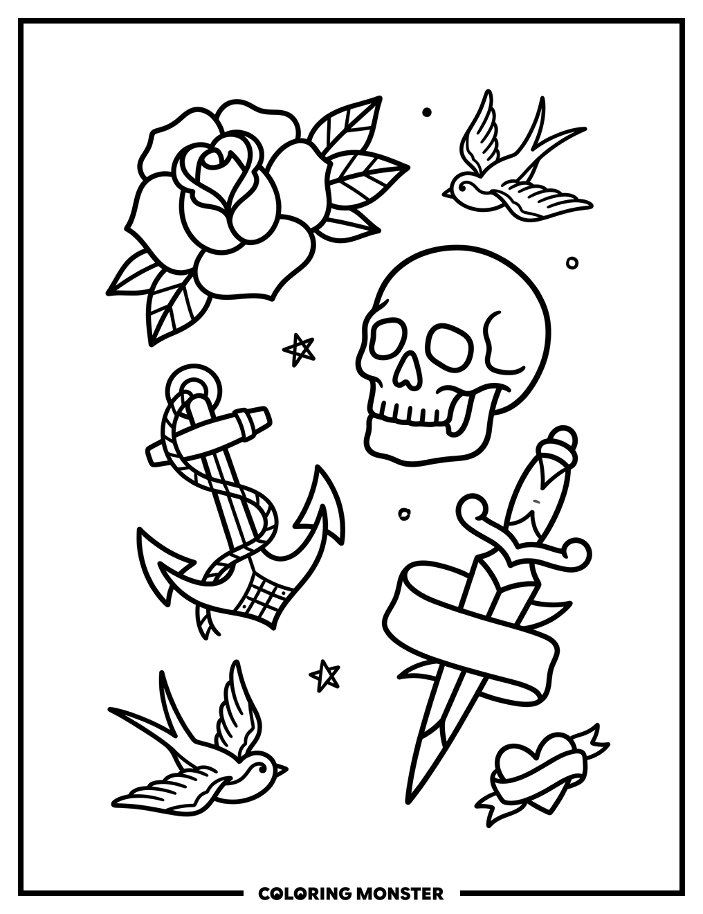 American Traditional Tattoo Flash Sheet Coloring Page