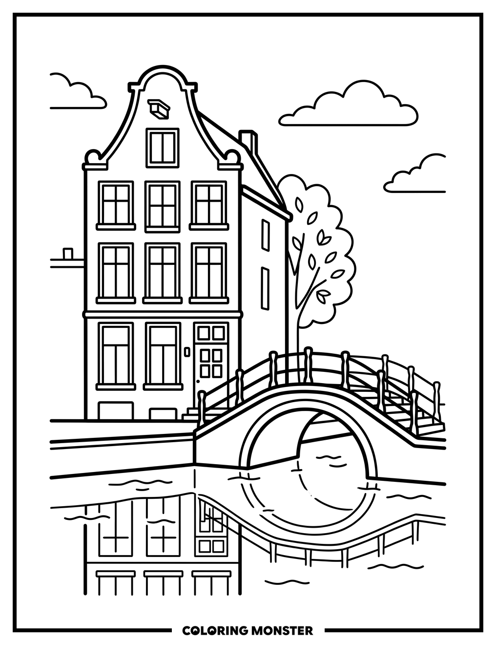 Amsterdam Canal House and Bridge Coloring Page