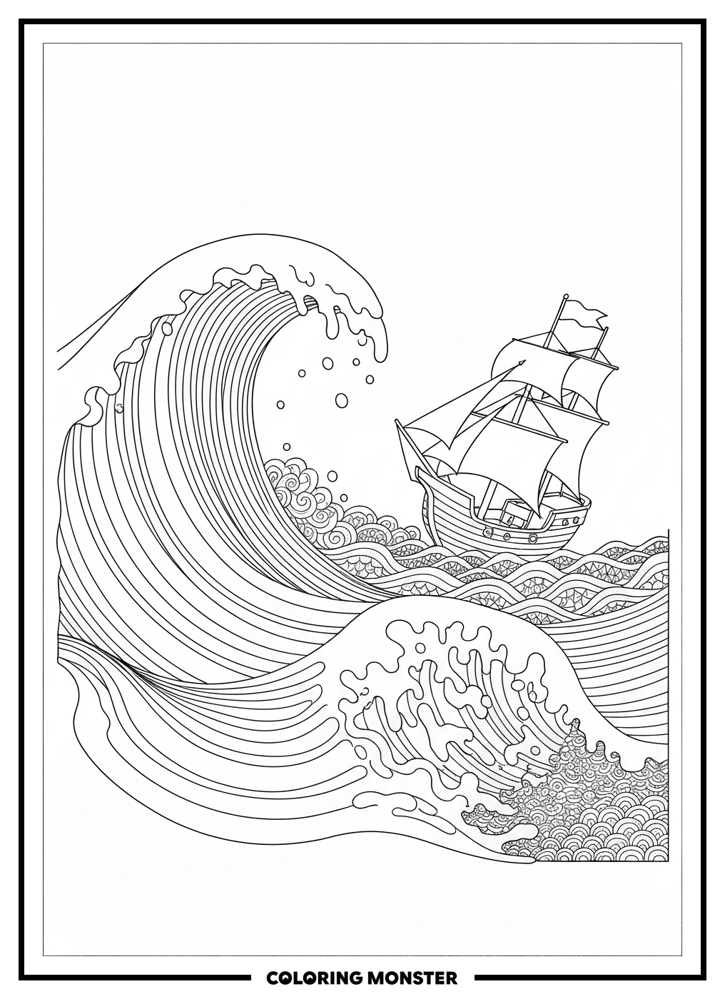 An Ocean Wave Crashing Onto A Pirate Ship Coloring Page