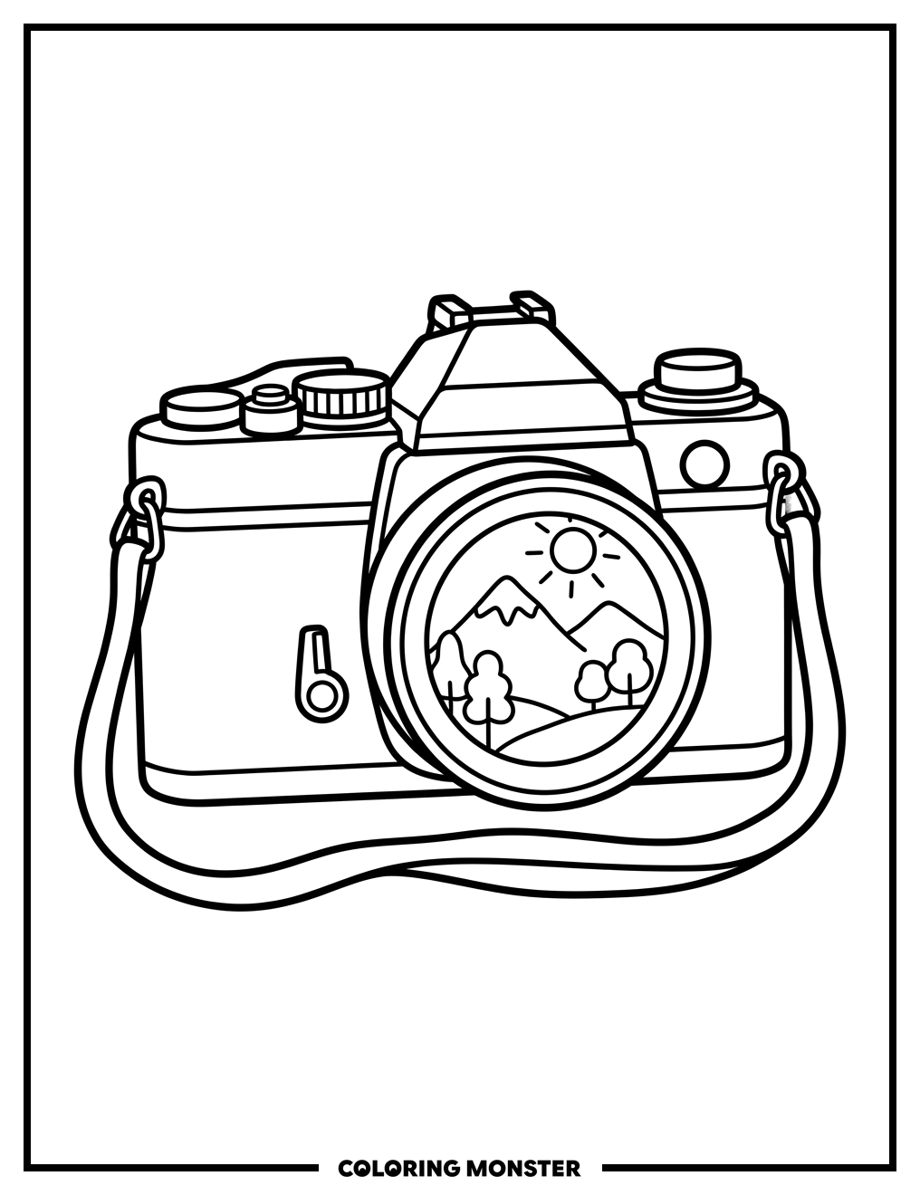 Analog Camera Capturing a Landscape Coloring Page
