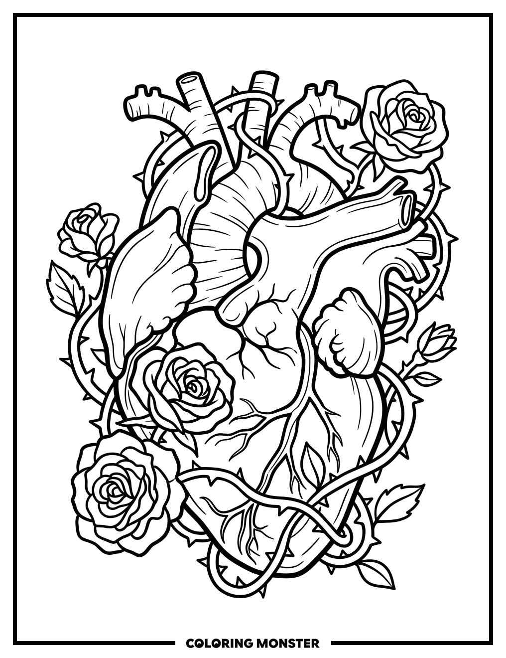 Anatomical Heart With Roses Coloring Page