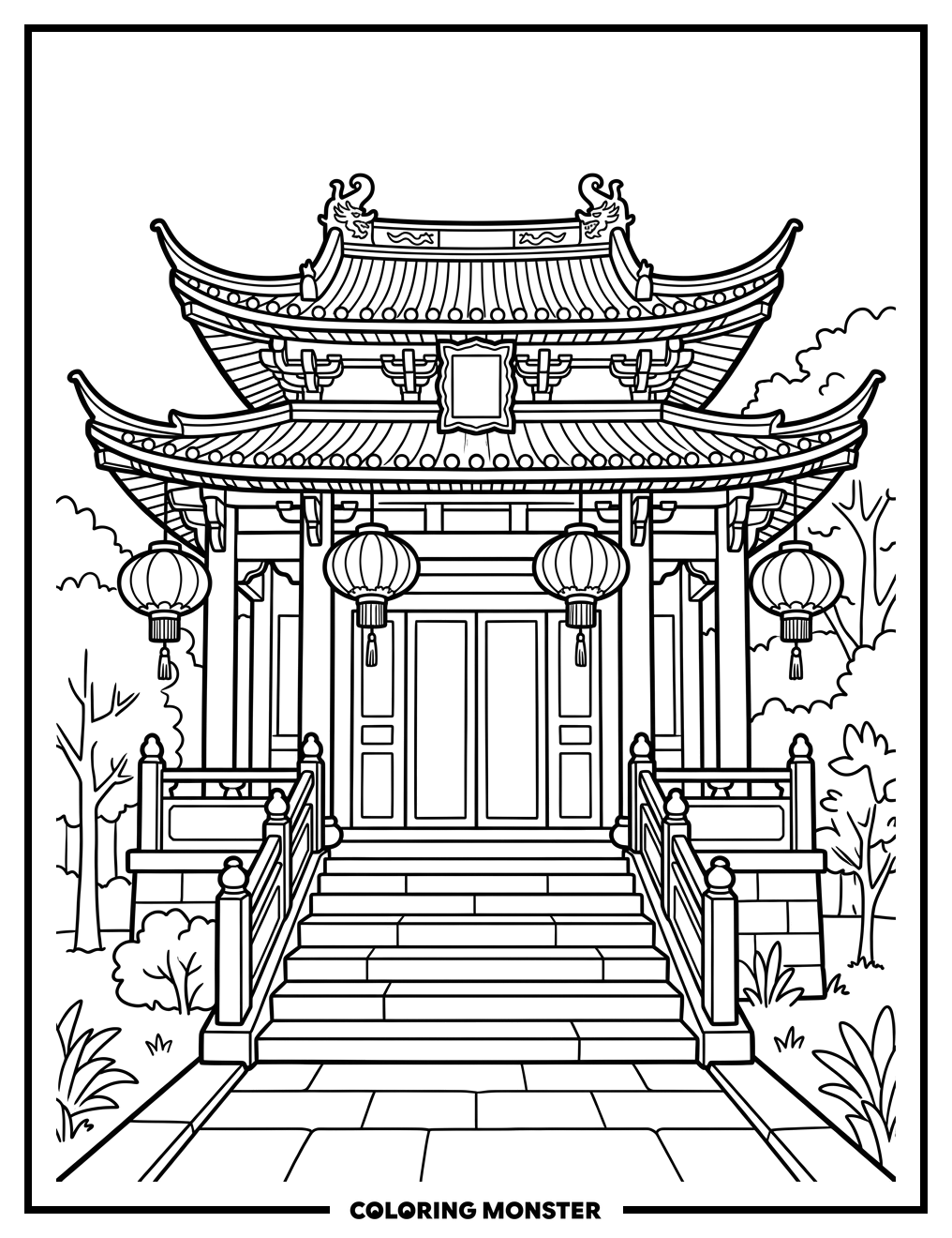 Ancient Chinese Temple Entrance Coloring Page