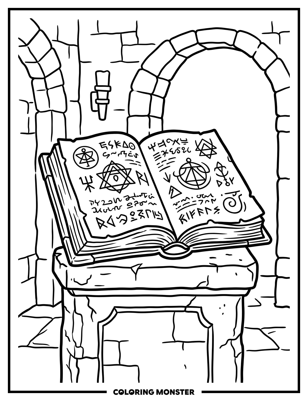 Ancient Grimoire on Stone Pedestal Coloring Page