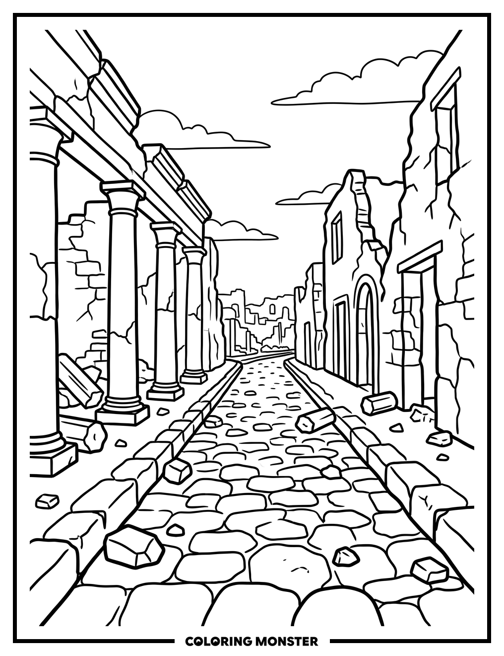 Ancient Roman Pompeii Street Scene Coloring Page
