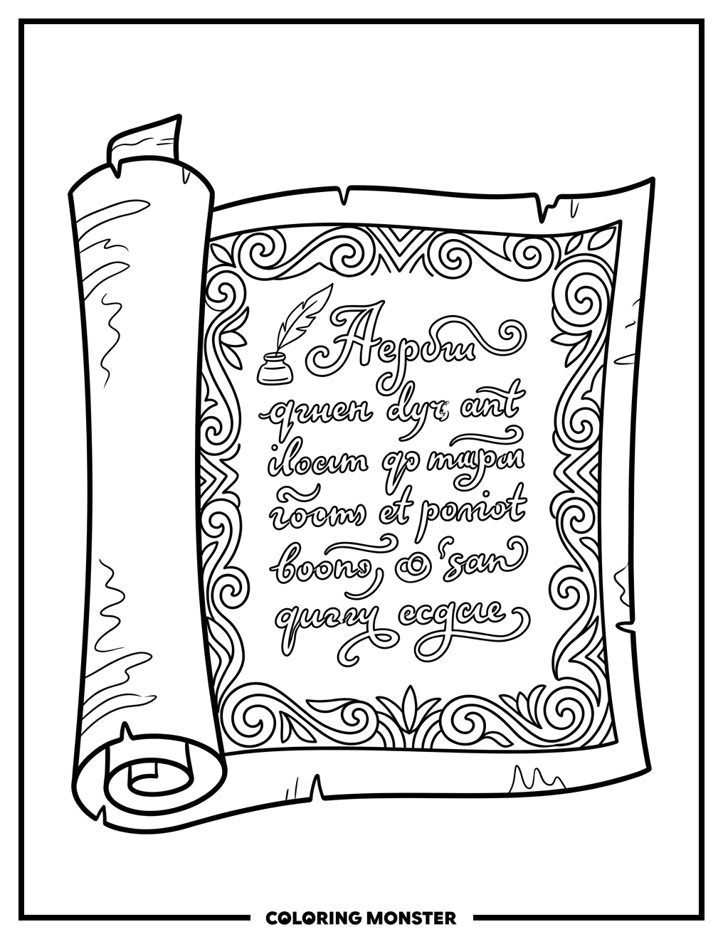 Ancient Scroll with Ornate Text Coloring Page