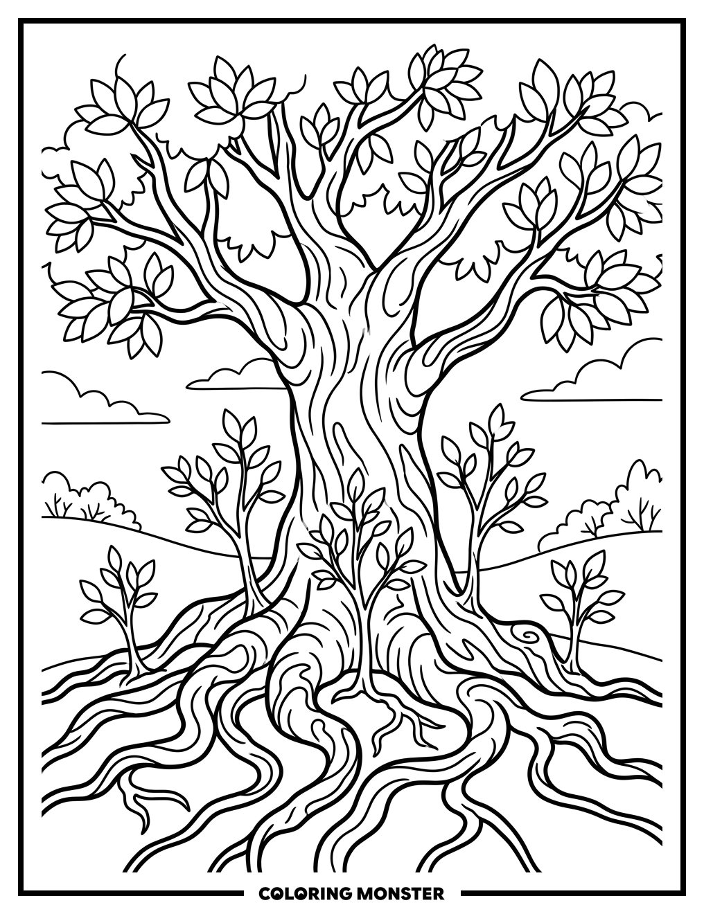 Ancient Tree and Saplings Coloring Page